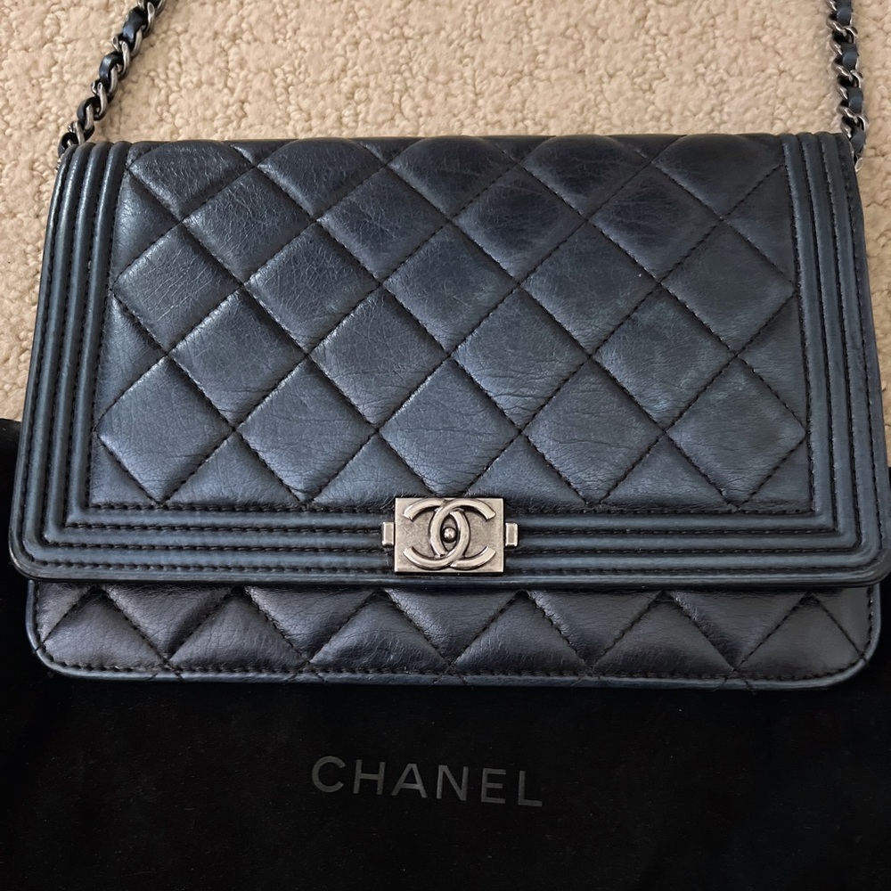 Chanel Boy Wallet on Chain Quilted Lambskin, Black w/Aged Ruthenium Hardware WOC